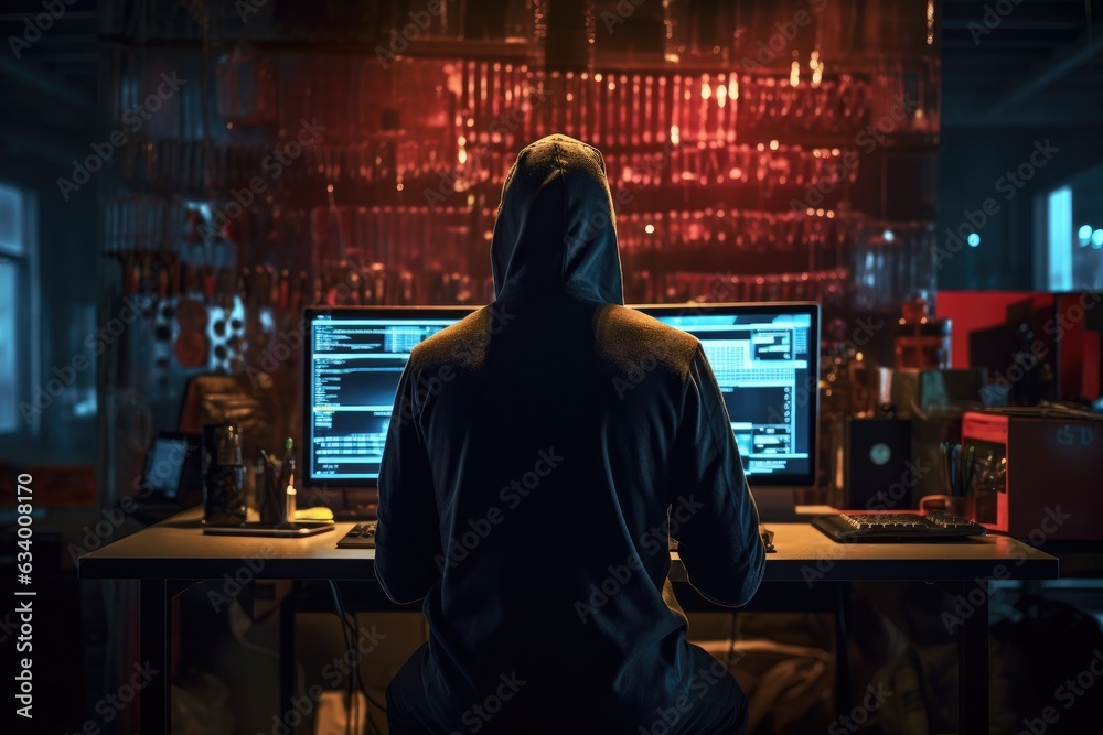 Back view of hacker in dark blue light room Back view of hacker in dark blue light room