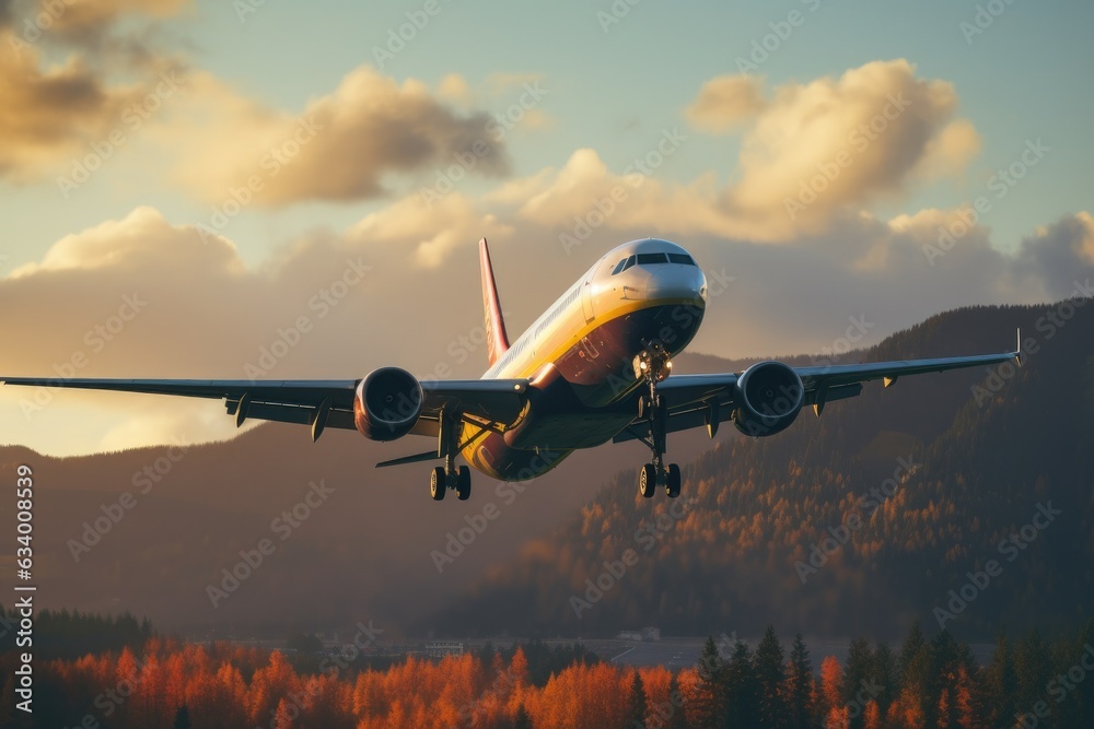 A large jetliner taking off from an airport runway at sunset or dawn with the landing gear down and the landing gear down, as the plane is about to take off A large jetliner taking off from an airport runway at sunset or dawn with the landing gear down and the landing gear down, as the plane is about to take off