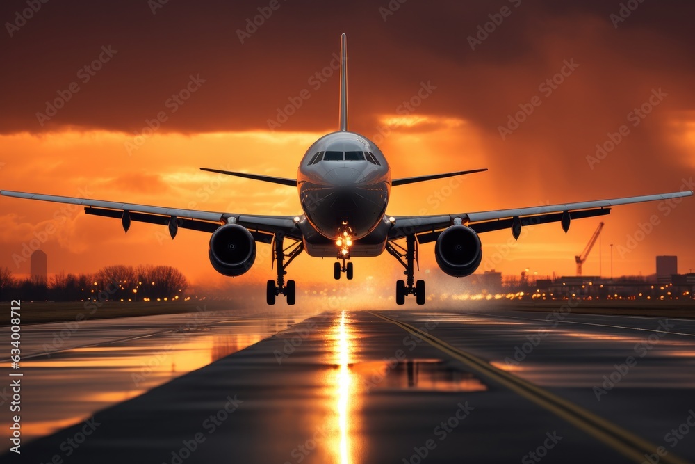 A large jetliner taking off from an airport runway at sunset or dawn with the landing gear down and the landing gear down, as the plane is about to take off A large jetliner taking off from an airport runway at sunset or dawn with the landing gear down and the landing gear down, as the plane is about to take off