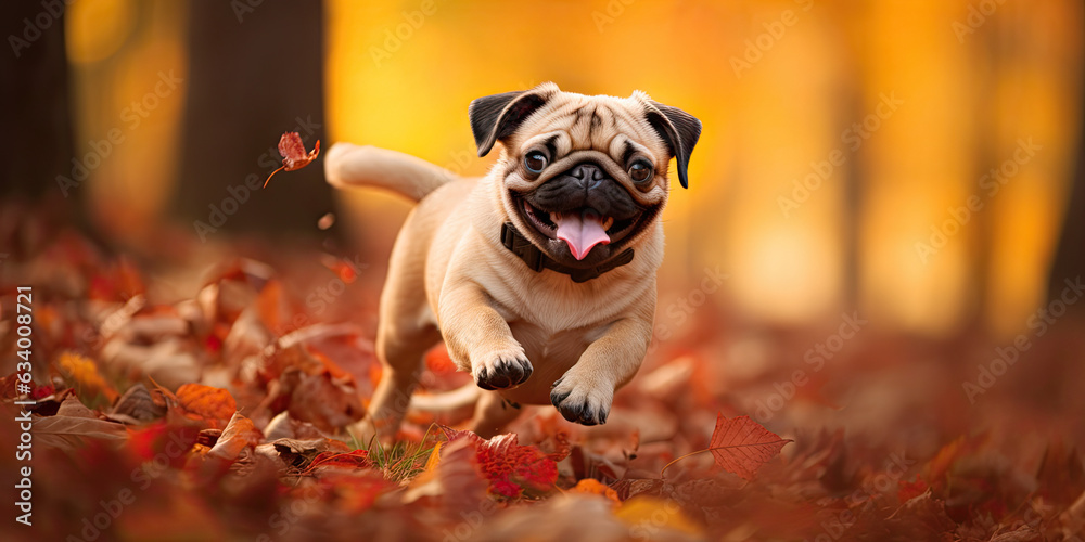 adorable pug puppy frolicking in the autumn leaves adorable pug puppy frolicking in the autumn leaves