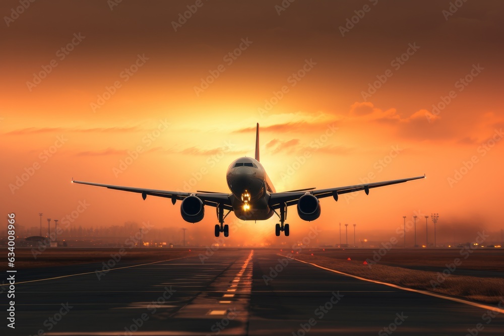 A large jetliner taking off from an airport runway at sunset or dawn with the landing gear down and the landing gear down, as the plane is about to take off A large jetliner taking off from an airport runway at sunset or dawn with the landing gear down and the landing gear down, as the plane is about to take off