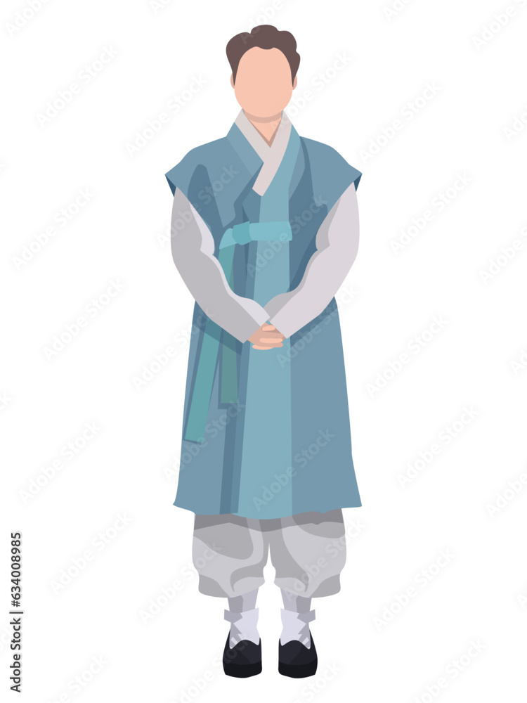 Cartoon illustration of a Korean man in hanbok with realistic style. Traditional Korean costume on the guy. Poster, banner or label template for hanbok store Cartoon illustration of a Korean man in hanbok with realistic style. Traditional Korean costume on the guy. Poster, banner or label template for hanbok store