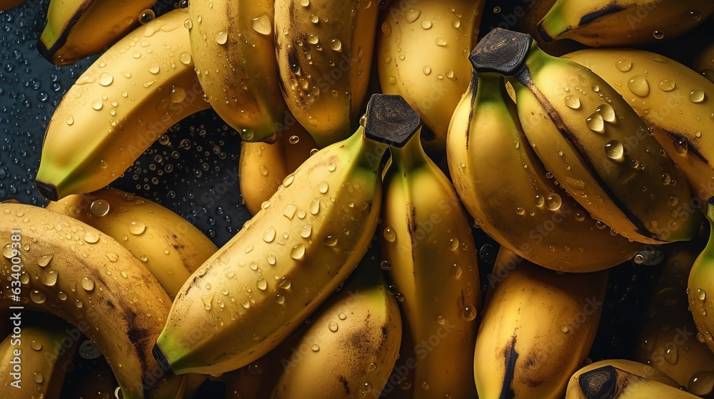 Close-up of bananas with water drops on dark background. Fruit wallpaper