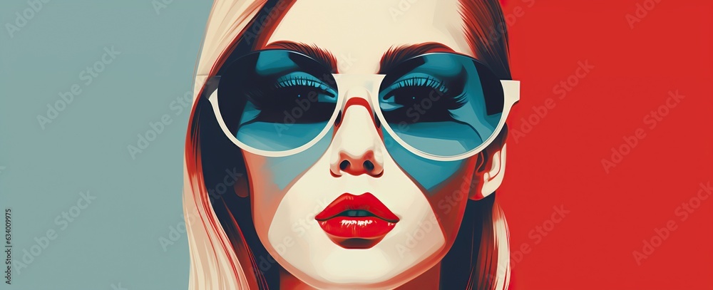 Pop Art Glamour: Woman in Blue Sunglasses and Red Lipstick