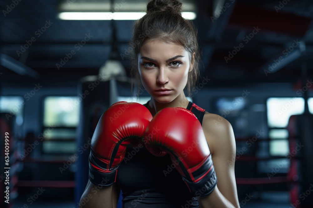 Gym Portrait: Woman Boxer with Red Gloves Gym Portrait: Woman Boxer with Red Gloves