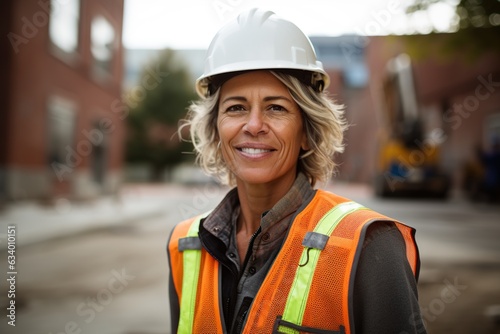 Portrait of a middle-aged female construction worker with hard hat and work vest