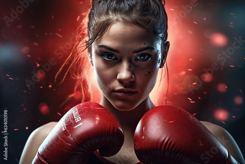 Stunning Close-up of a Woman Boxer with Red Gloves and Amazing Red Lights © Nld