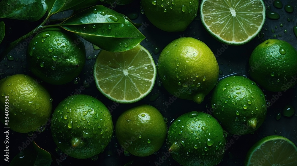 Close-up of limes with water drops on dark background. Fruit wallpaper Close-up of limes with water drops on dark background. Fruit wallpaper