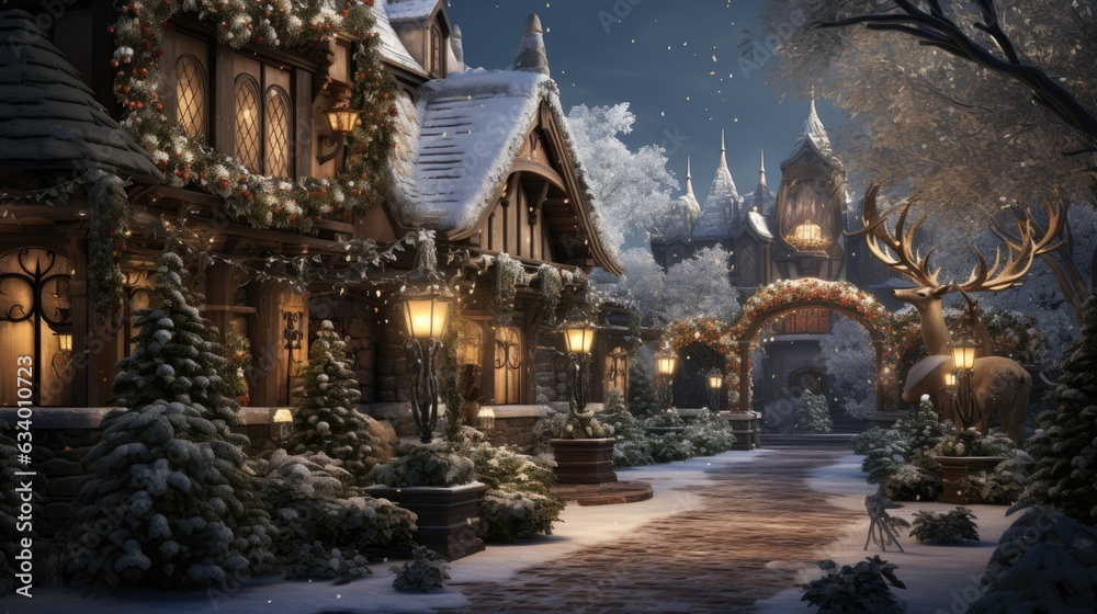 the enchanting beauty of a snow-covered garden adorned with glimmering holiday decorations, such as sparkling snowflake ornaments, and fairy lights wrapped around trees the enchanting beauty of a snow-covered garden adorned with glimmering holiday decorations, such as sparkling snowflake ornaments, and fairy lights wrapped around trees