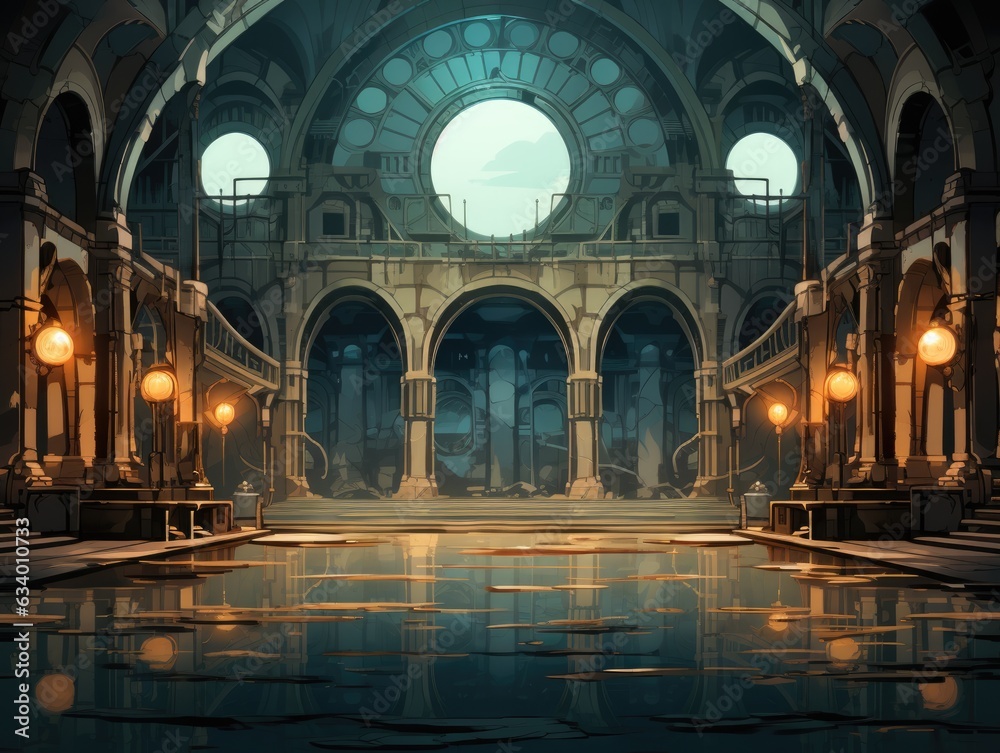 Fototapeta premium A large building with a pool in the middle of it. Digital image.