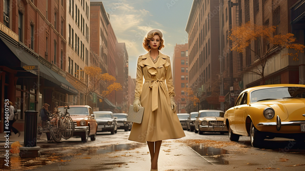 Fashionable Beautiful woman , New York street, vintage picture in movie style.