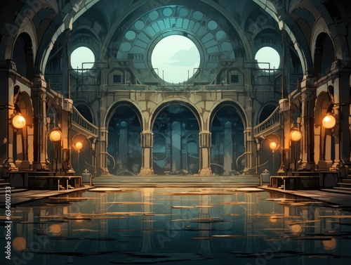 A large building with a pool in the middle of it. Digital image.