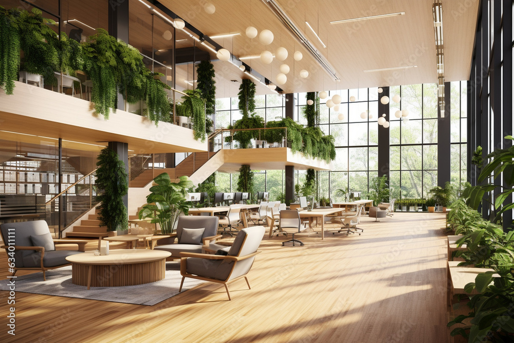 Design an eco-friendly startup workspace with bamboo flooring, energy-efficient lighting, and living green walls, promoting sustainability and employee well-being.