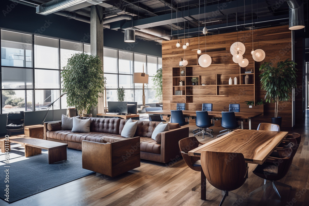Capture the essence of a cozy and inviting startup office, utilizing warm wooden finishes, soft textiles, and plush seating, fostering a comfortable work environment.