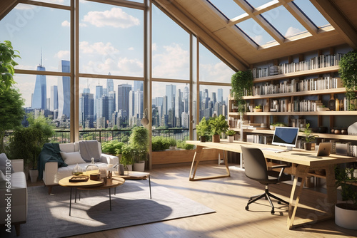 Create an urban oasis in a startup office  featuring a rooftop garden  natural wooden furniture  and panoramic windows offering city skyline views.  