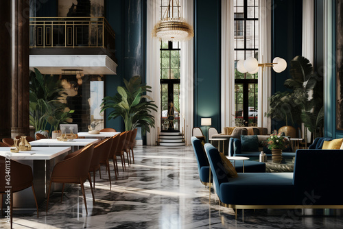 Capture the elegance of a boutique hotel in a startup workspace, with plush velvet seating, marble tabletops, and gold accents, creating a luxurious yet functional environment." 