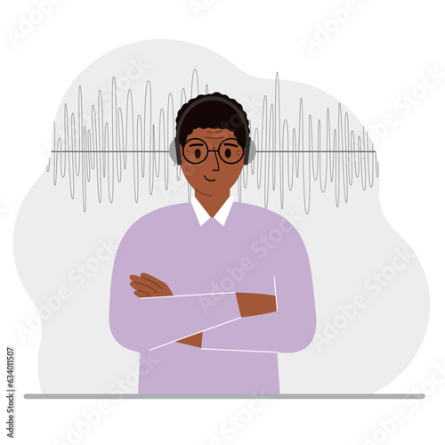 Man in headphones and a sound track. Concept of online podcast, radio, online books, online learning and music.