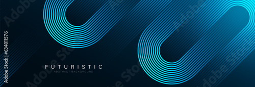 Abstract dark blue background with glowing geometric lines. Modern shiny blue diagonal rounded lines pattern. Futuristic concept. Horizontal banner template. Vector illustration photo