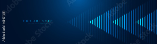 Abstract glowing arrow lines on dark blue background. Modern shiny blue geometric lines design. Futuristic technology concept. Horizontal banner template with space for your text. Vector illustration
