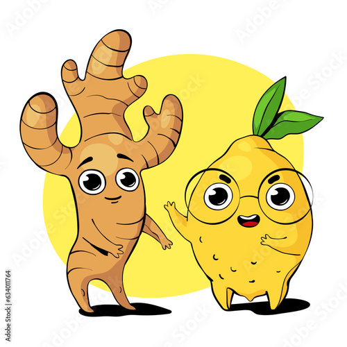 Cute happy ginger and lemon. Vector characters in cartoon style