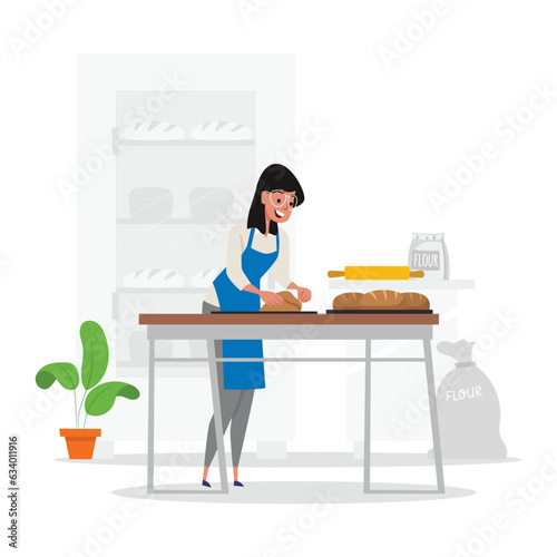 Bread Baking Industrial Process, Machinery Production. Workers Character in Toques, Mixing Flour, Kneading Dough, Bake Loafs in Oven Modern Manufacture with Equipment.