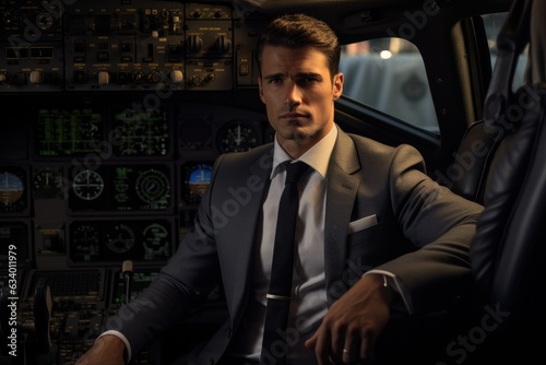 Portrait of captain pilot of a passenger plane inside the cabin © ChaoticMind