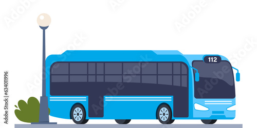 Blue City bus. Passenger transport side view. Public transport. Modern touristic bus. Vector illustration.