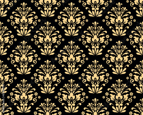 Wallpaper in the style of Baroque. Seamless vector background. Gold and black floral ornament. Graphic pattern for fabric, wallpaper, packaging. Ornate Damask flower ornament