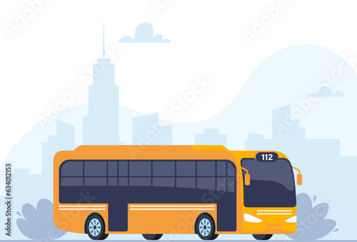 Yellow City bus. Passenger transport side view. Public transport on city background. Modern touristic bus. Vector illustration.