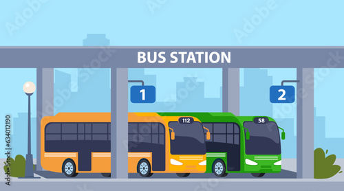 Central bus station. Vector cartoon cityscape with modern city transportation building, buses and platform. Vector illustration.