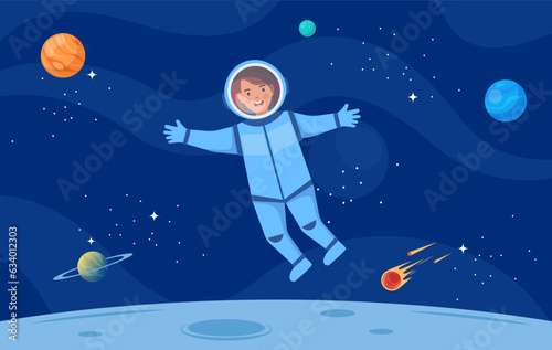 Astronaut Cartoon Character in Outer Space Suit. Astronaut kid. Cartoon Boy Wearing Astronaut Costume. Vector Illustration.