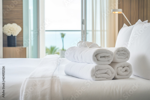 A set of clean white towels placed in a beautiful hotel room with gentle sunlight is a good travel concept for a cozy vacation or getaway.