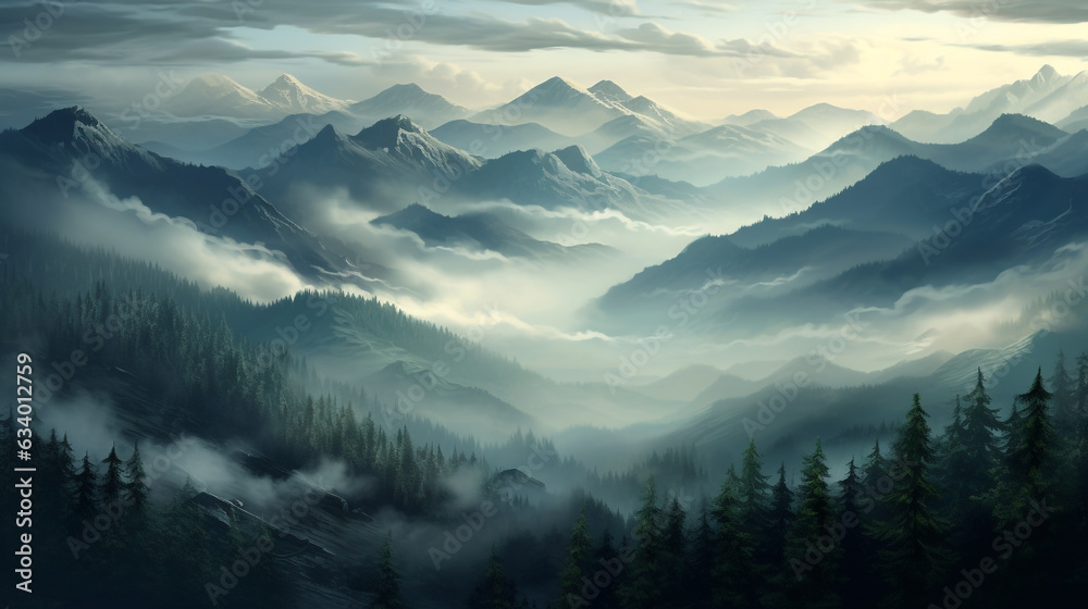 Photo realistic illustration of mountains forest fog morning mystic with generate Ai
