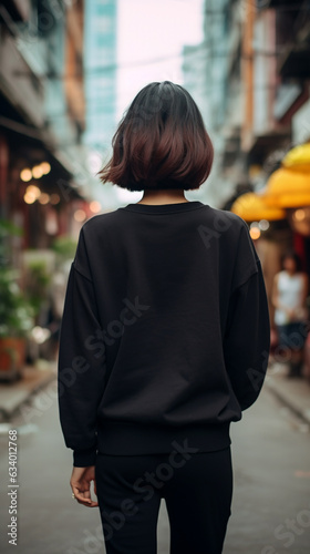 A beautiful woman is walking in a solid black crewneck sweatshirt with generate Ai 