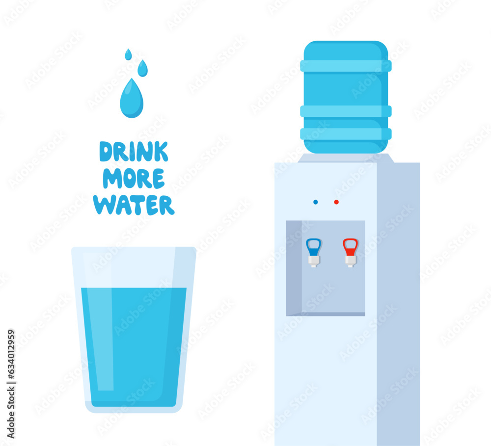 Glass of water and water cooler. Water splash. Drink more water. Vector illustration. Glass of water and water cooler. Water splash. Drink more water. Vector illustration.