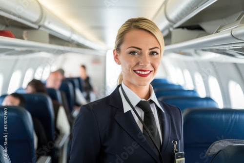 Beautiful female stewardess at work on the airplane