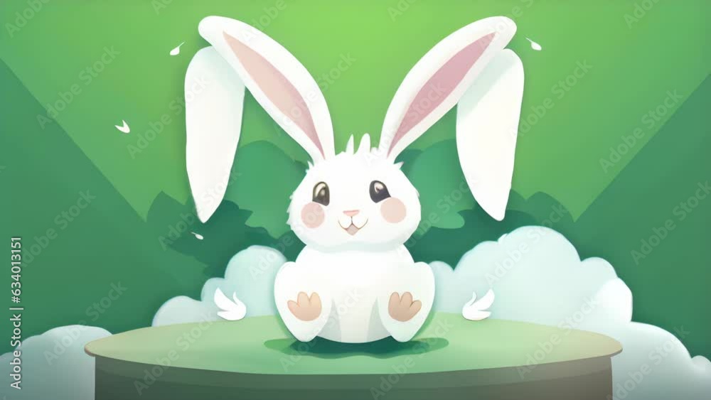 A cheerful white bunny with a pair of green wings sprouting from its ears. cute children creature A cheerful white bunny with a pair of green wings sprouting from its ears. cute children creature