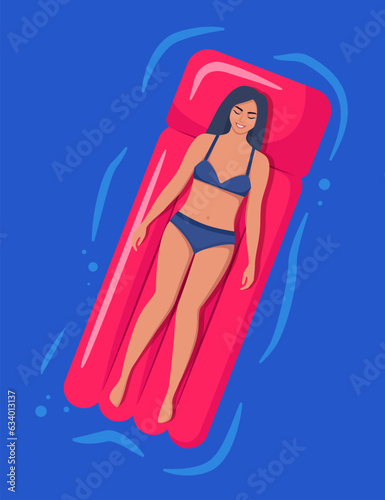 Woman lying on inflatable mattress against water background, top view. Vector illustration.