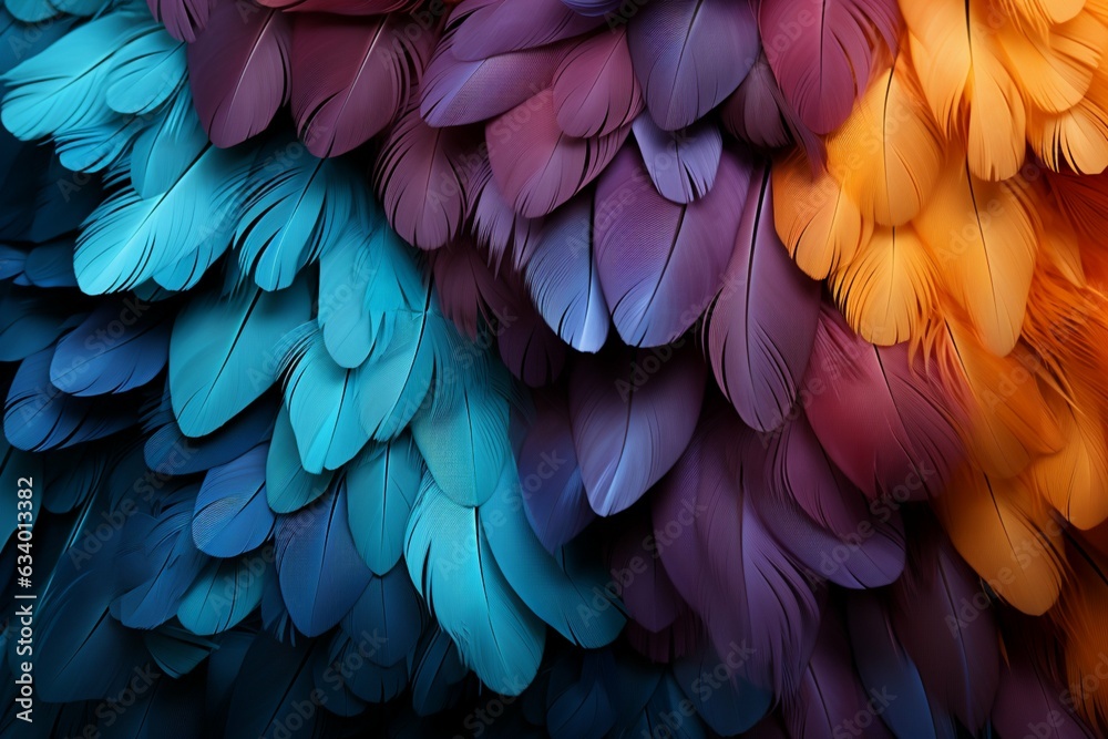 Colored feathers create an appealing mosaic, an artful and vibrant background Generative AI
