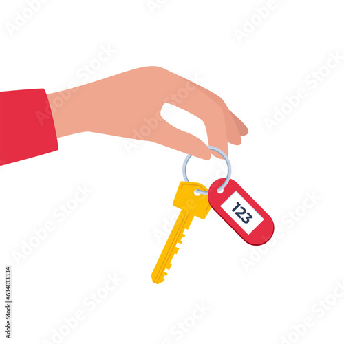 Hand Holding the Car Key. Modern hotel door lock key with room number badge. Vector illustration in flat design.