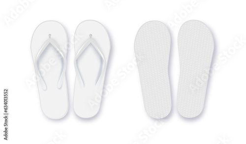 Realistic 3d White Blank Empty Flip Flop Closeup Isolated on White Background. Design Template of Summer Beach Flip Flops Pair Mockup. Vector