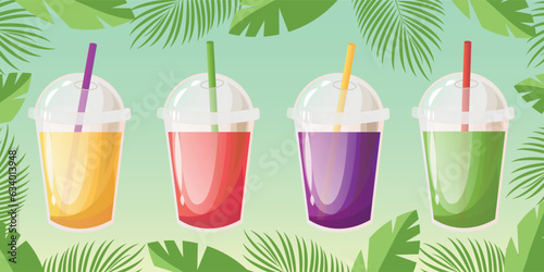 Set of tropical cocktails. Summer non alcoholic holiday and beach party drinks. Orange or pineapple juice, watermelone lemonade, blueberry lemonade, kiwi juice . Vector illustration.