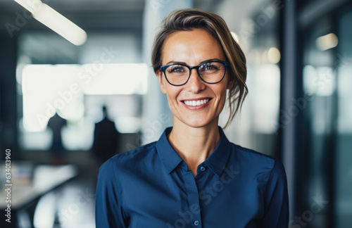 Confident businesswoman with glasses with her office as background. Generative AI.