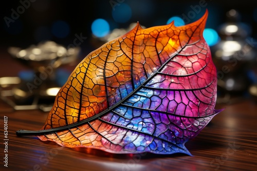 Rainbow leaf exhibited on table  capturing iridescent nature under rooms glow Generative AI