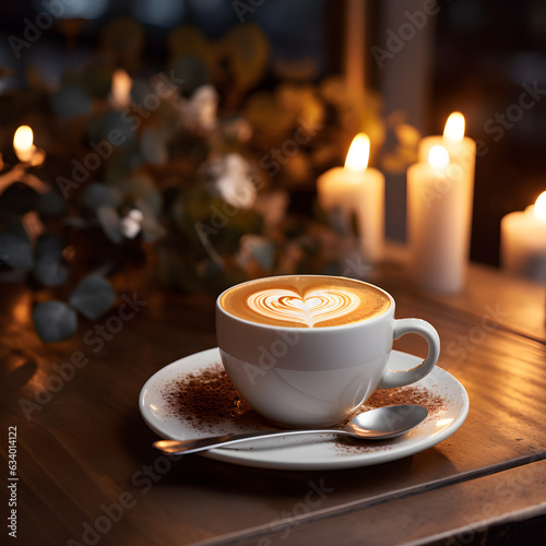 A cup of cappuccino on a warm, bright cafe table in the coffee clutter.