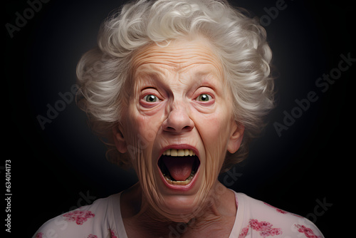 Portrait of a Grandmother Screaming. dark isolated background. Elderly Senior showing Emotions Fear