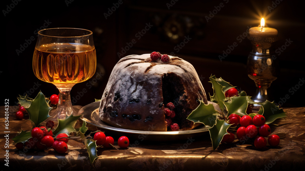 English Christmas pudding, flaming brandy. Pudding is decorated by
