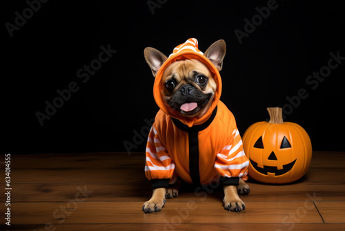 Cute French Bulldog puppy in orange hooded costume sitting on the floor next to a pumpkin. Halloween pet with copy space.