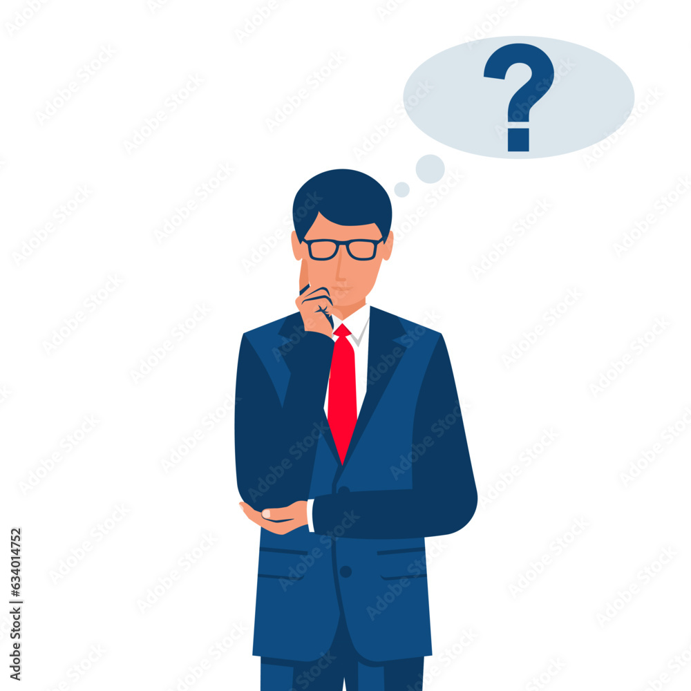 Businessman thinks. The man thought. Question to decide. A young man in a suit and tie. Vector illustration flat design. Isolated on white background. Businessman thinks. The man thought. Question to decide. A young man in a suit and tie. Vector illustration flat design. Isolated on white background.