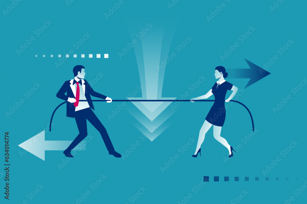 Competition icon. Man and woman in suit pull the rope, symbol of rivalry, competition, conflict. Tug of war. Vector illustration, flat design. Corporate conflicts.